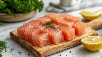 crudo salmone su un' taglio tavola con Limone e prezzemolo foto