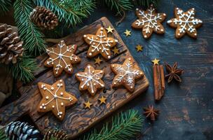 di legno tavola con fiocco di neve biscotti foto