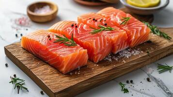 crudo salmone su un' taglio tavola con Limone e prezzemolo foto