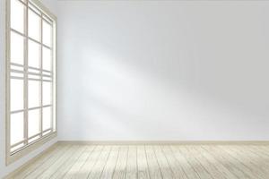 idea di stanza vuota interni in stile zen pavimento in legno su bianco parete vuota.3d rendering foto