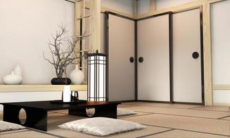 ryokan soggiorno in stile giapponese con pavimento in tatami e decorazione.3d rendering