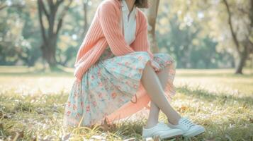 Inserisci alcuni retrò fiuto per il tuo preppy attrezzatura con un' pastello rosa ritagliata cardigan un' pieghettato gonna nel un' allegro Stampa e un' paio di bianca mocassini. Perfetto per un' picnic nel un' parco foto