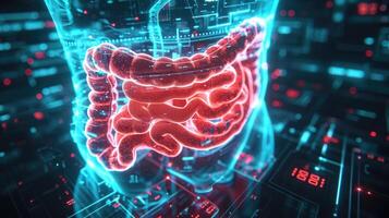 un' virtuale ologramma di il umano digestivo sistema illustra il viaggio di cibo a partire dal il bocca per il stomaco intestini e al di là foto