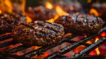 un' avvicinamento di un' monouso barbecue griglia cucinando succoso hamburger con un americano bandiera modello su il confezione foto