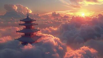 un' galleggiante pagoda nel il nuvole con un' bellissimo tramonto e etereo musica invitante interno calma e emotivo equilibrio nel un' sereno virtuale Esperienza foto