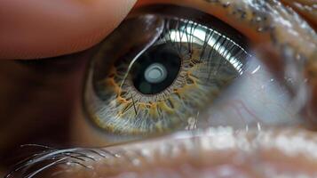 il contatto lente essere inserito in un occhio dimostrando il alleviare di uso per il indossatore foto