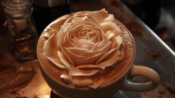 avvicinamento di un' barista abilmente la creazione di un' bellissimo rosa design su il superficie di un' cappuccino utilizzando il al vapore latte e caffè espresso come loro tela foto