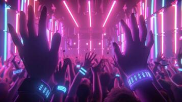 luminosa neon luci fascio giù su un' massa di persone loro mani nel il aria come essi mossa e scanalatura per il pulsante musica. il energia è elettrico e contagioso foto