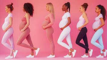 un' gruppo di contento incinta donne siamo in piedi nel un' linea indossare un' diverso colorato attrezzatura foto