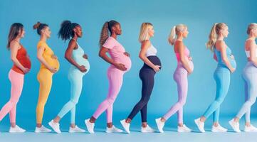 un' gruppo di contento incinta donne siamo in piedi nel un' linea indossare un' diverso colorato attrezzatura foto