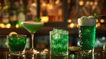 un assortimento di verde cocktail abilmente di nome dopo irlandesi detti facendo cenno a partire dal un' ben decorato bar tavolo allettante ospiti per aderire nel il divertimento foto