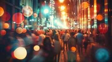 un' sfocatura di luccicante luci e sorridente facce si precipita di come il strade siamo pieno con folle di festaioli festeggiare il inizio di un' nuovo capitolo foto