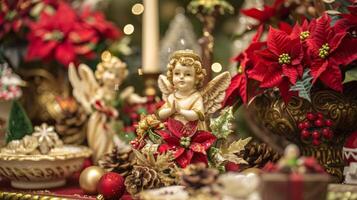 un' tavolo ornato con un' varietà di tradizionale Natale simboli come come angeli i fiocchi di neve e stelle di Natale tutti fatto a mano con amore e cura. Questo tavolo vetrine il vero spirito foto