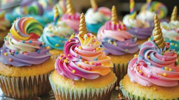 decorato in modo brillante torte e cupcakes con divertimento disegni come come arcobaleni e unicorni siamo a disposizione a panifici per indulgere bambini dolce dente foto