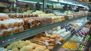 righe di dolci e dolci liner il scaffali di mercati in mostra il largo varietà di tradizionale ossequi goduto durante Ramadan foto