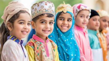 bambini vestito nel loro migliori capi di abbigliamento animatamente anticipando il donare tradizione Associated con eid aladha foto