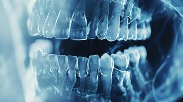 un' avvicinamento di un' dentale raggi X in mostra il dettagliato immagini prodotta di aienhanced l'imaging per il presto rivelazione di dente decadimento gomma malattia e altro orale Salute problemi foto
