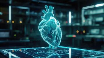 nel un' biologia cl un' ologramma di un' umano cuore è collegato per IoT sensori quello tenere sotto controllo suo battito e Schermo tempo reale dati fornendo foto