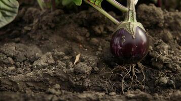 il vellutato in profondità viola pelle di un melanzana emergente a partire dal il suolo suo radici ancora attaccamento per il buio nutriente terra foto