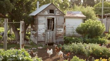 un' caratteristico pollo coop con peeling dipingere si siede a il bordo di il giardino circondato di un' gregge di galline felicemente beccare a il terra. fresco uova a partire dal queste ruspante uccello foto