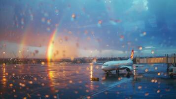 come il pioggia inizia per chiaro un' abbagliante arcobaleno appare a il aeroporto lanciare zona un' simbolo di speranza e promettere per i viaggiatori imbarco su nuovo viaggi foto