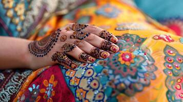 un' avvicinamento di un' alcanna design su un' womans mano un' Comune tradizione durante eid aladha foto