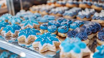 nel il centro di il memorizzare un' Schermo di vivace a forma di dreidel biscotti catture il occhio. queste dolce ossequi siamo un' di base durante hanukkah spesso decorato con blu e Silve foto