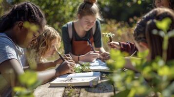 un' giovanile gruppo di studenti raccogliere in giro un' tavolo intensamente studiando il vario proprietà e usi di diverso medicinale impianti loro i Quaderni pieno con dettagliato sketch foto