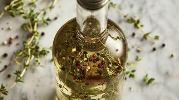 bicchiere bottiglia pieno con assortito erbe aromatiche, in mostra un' miscela di colori e textures nel un' botanico preparativi foto