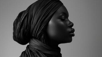 nel un' sbalorditivo monocromatico tiro un' nero donna sta alto sua testa coperto nel un' hijab in mostra un' mozzafiato Vettore di colori e trame. il impeccabile HD qualità di il ritratto foto