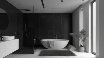 il bagno continua il monocromatico tema con un' spazioso entrare doccia rivestito nel liscio nero marmo piastrelle. il rigido contrasto è equilibrato di un' bianca indipendente vasca da bagno e un' soffice foto