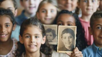 un' gruppo di studenti avidamente raccogliere in giro loro insegnante chi è Tenere su Due classe fotografie lato di lato uno a partire dal loro presto insegnamento anni e il altro un' Di Più recente uno. il studenti