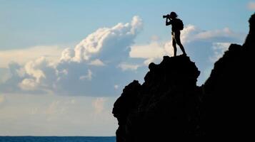 un' silhouette di un' persona in piedi su un' roccioso scogliera binocolo nel mano lettura il orizzonte per qualunque segni di in via di estinzione mare tartarughe In arrivo a terra per posare loro uova. foto