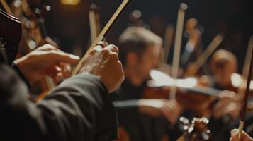 il delicato onde di un' conduttori mani guida un orchestra visualizzazione un' coreografia di musica e movimento. foto