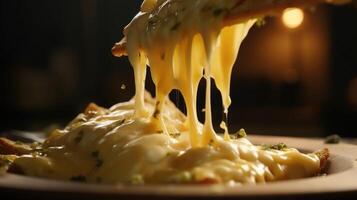 un' stuzzicante avvicinamento Immagine cattura un' Perfetto formaggio tiro, dove un' forchettata di nachos rivela un' corda di fuso formaggio con grazia allungamento a partire dal il piatto per il bocca, promettente un' foto