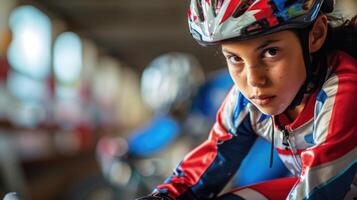 su il di partenza linea un' ritratto di il corridore seduta su loro bicicletta, pronto per inizio il gara, loro casco completamente su e loro mani Avvincente il manubrio strettamente. foto