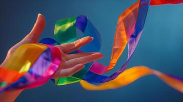 un' ritmico ginnasti colorato nastro spirali in giro loro mano aggiungendo un' dinamico elemento per loro prestazione foto