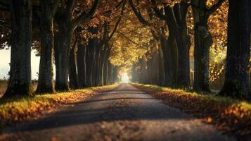 un' riga di alto ondeggiante alberi linea il strada la creazione di un' ipnotizzante tunnel quello disegna il occhio in direzione il lontano orizzonte e si agita su . ai generazione foto