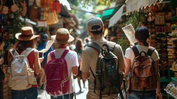 un' gruppo di turisti segue un' giro guida attraverso il vivace strada mercato schiene di fronte il telecamera. essi hold mappe e macchine fotografiche . foto