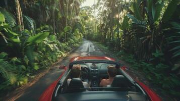 Due amici sedersi nel un' convertibile gli sport auto di fronte lontano a partire dal il telecamera come essi rev il motore e velocità giù un' avvolgimento strada circondato . foto