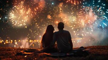un' coppia si siede su un' coperta di fronte lontano a partire dal il telecamera come essi orologio un' fuochi d'artificio mostrare nel il notte cielo. sagome siamo illuminato . foto