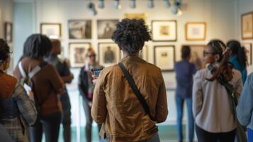 nel un' silenzioso angolo di un' Museo un' diverso gruppo di visitatori facce lontano a partire dal il telecamera nel un' cerchio ascoltando intensamente per un' giro guida . foto