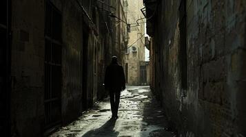 un' solitario figura passeggiate lungo un' stretto vialetto silhouette delineato contro il decomposizione edifici. nonostante il desolazione il persona . foto