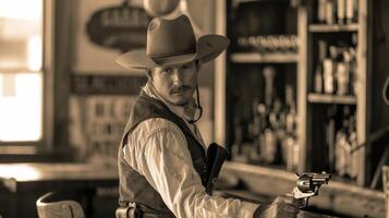 un' uomo nel un' cowboy cappello Leans contro il bar un' rivoltella in fondina a lato. . foto