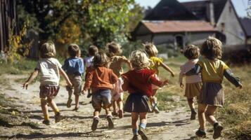 un' gruppo di giovane bambini schiene per il telecamera giocare un' vivace gioco di etichetta nel il Aperto spazio di il villaggio quadrato. . foto