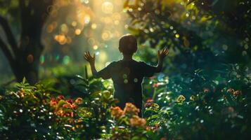 un' solitario figura sta a il bordo di il magico foresta radura mani sollevato come Se getto un' sillabare su il vivace flora e fauna . foto