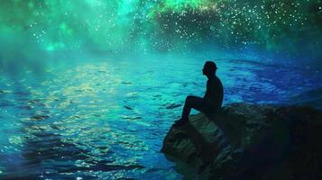 un' persona si siede su un' virtuale roccia loro silhouette dissolvenza in il scintillante blu e verde tonalità di il digitale oceano perso nel pensato . foto