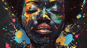 nel Questo travolgente afropop ritratto il soggetto è ornato con vivace pop arte dipingere schizzi e ornato con simbolico afrocentrico modelli. il complessivamente effetto è un' celebrazione foto