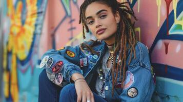 un' giovane donna si siede contro un' colorato graffiti parete sua denim giacca coperto nel cerotti e perni che rappresentano vario sociale cause. sua vivace dreadlocks e impavido espressione foto