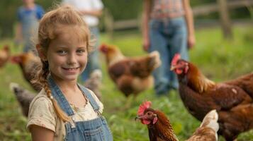 un' giovane ragazza nel tuta da lavoro Spettacoli via sua pregiato polli per un' gruppo di visitatori turismo il fiorente agricolo Comunità lei chiamate casa. lei animatamente azioni Come sua famiglie uso di foto